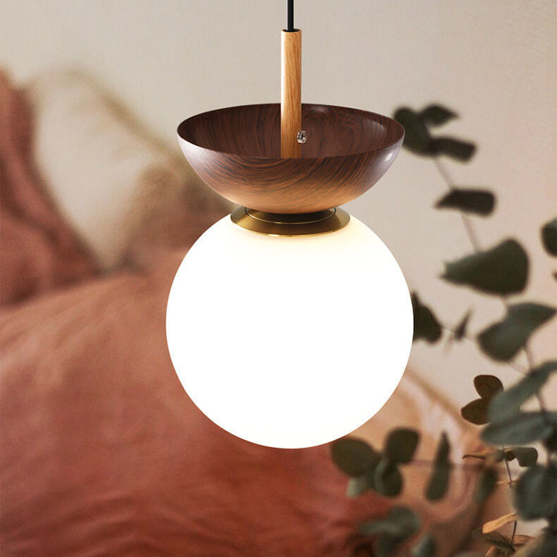 Nordic Japanese Glass Globe Ceiling Light with Wooden Grain Finish