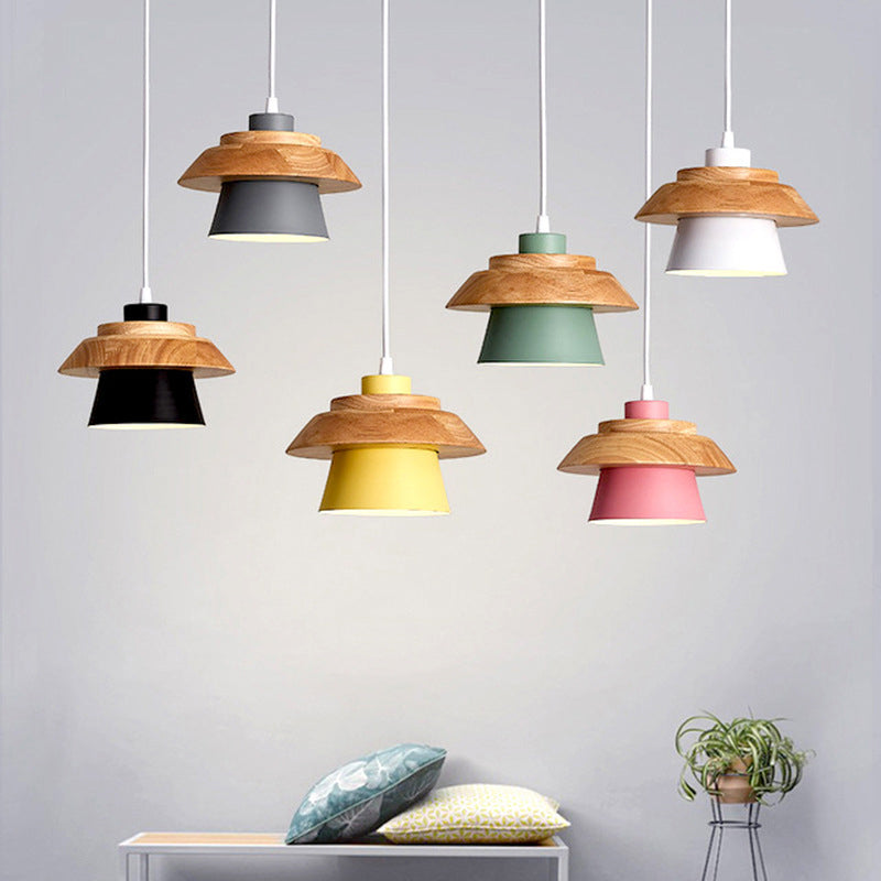 Modern Minimalist Macaron Pendant Light – Natural Wood and Iron Hanging Lamp for Living Room and Dining Spaces