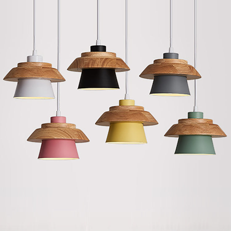 Modern Minimalist Macaron Pendant Light – Natural Wood and Iron Hanging Lamp for Living Room and Dining Spaces