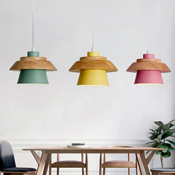 Modern Minimalist Macaron Pendant Light – Natural Wood and Iron Hanging Lamp for Living Room and Dining Spaces