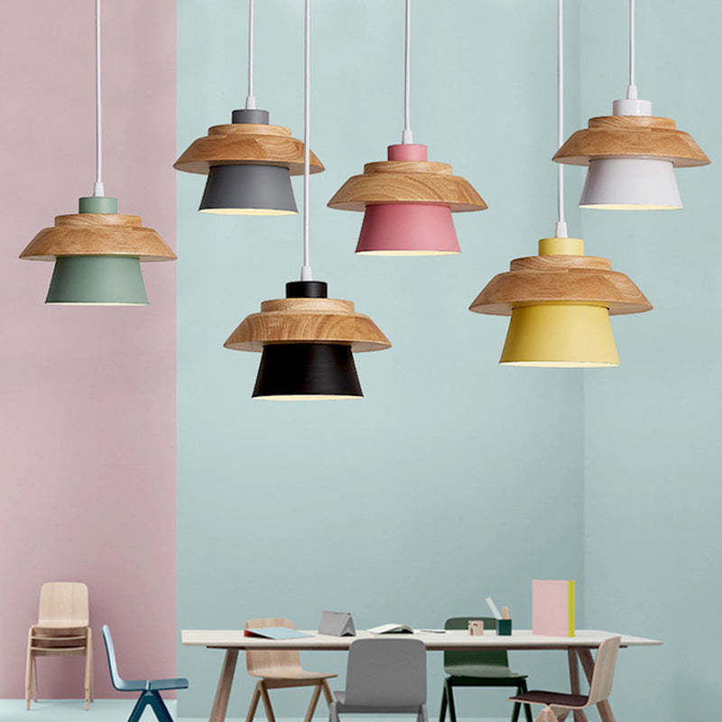 Modern Minimalist Macaron Pendant Light – Natural Wood and Iron Hanging Lamp for Living Room and Dining Spaces