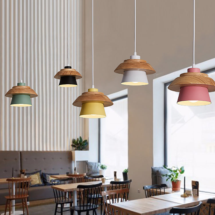 Modern Minimalist Macaron Pendant Light – Natural Wood and Iron Hanging Lamp for Living Room and Dining Spaces