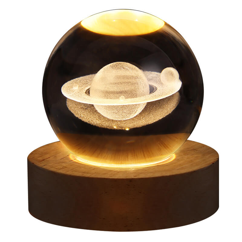 3D Crystal Galaxy LED Night Light – Saturn & Galaxy Design on Wooden Base