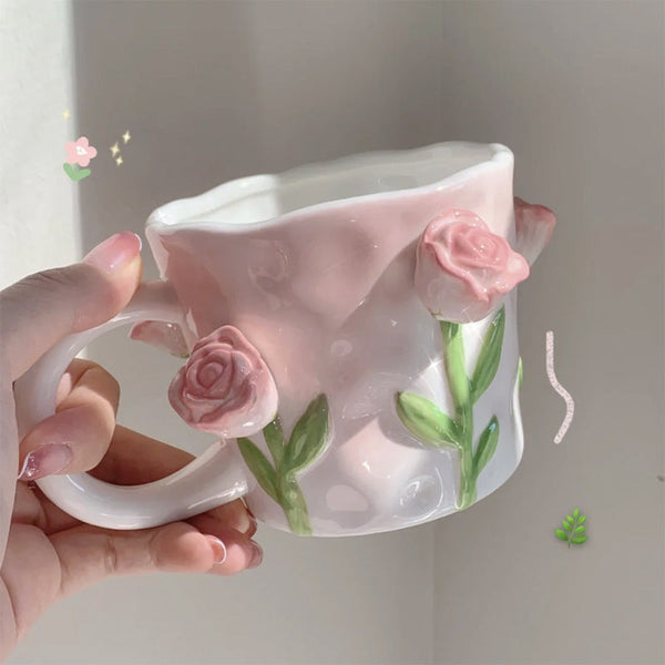 3D Floral Hand-Painted Ceramic Mug – Elegant Tulip & Rose Design