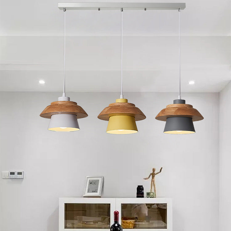 Modern Minimalist Macaron Pendant Light – Natural Wood and Iron Hanging Lamp for Living Room and Dining Spaces