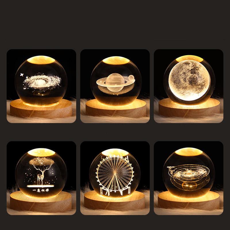 3D Crystal Galaxy LED Night Light – Saturn & Galaxy Design on Wooden Base