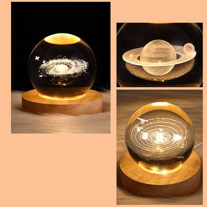 3D Crystal Galaxy LED Night Light – Saturn & Galaxy Design on Wooden Base