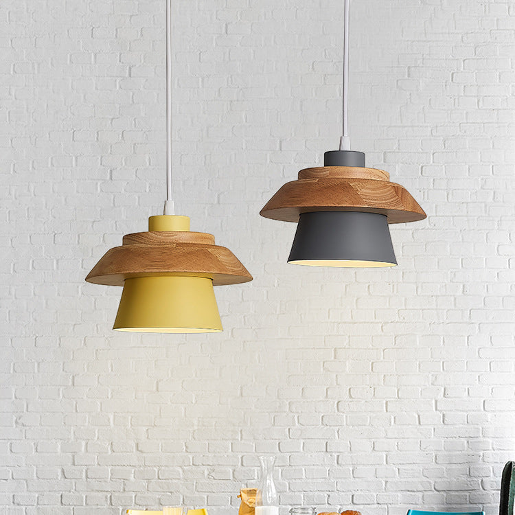 Modern Minimalist Macaron Pendant Light – Natural Wood and Iron Hanging Lamp for Living Room and Dining Spaces