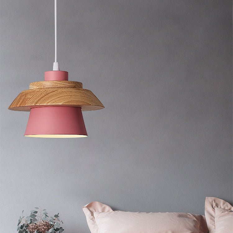 Modern Minimalist Macaron Pendant Light – Natural Wood and Iron Hanging Lamp for Living Room and Dining Spaces