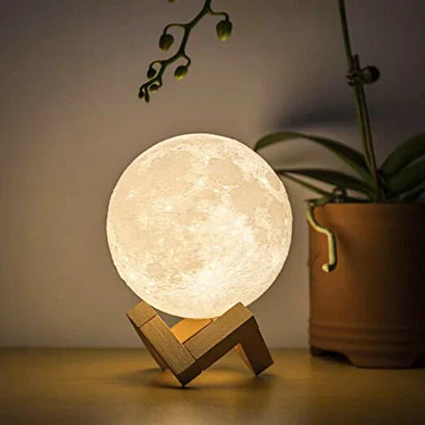 3D Moon Lamp – Rechargeable Touch-Control Lunar Light with Wooden Stand