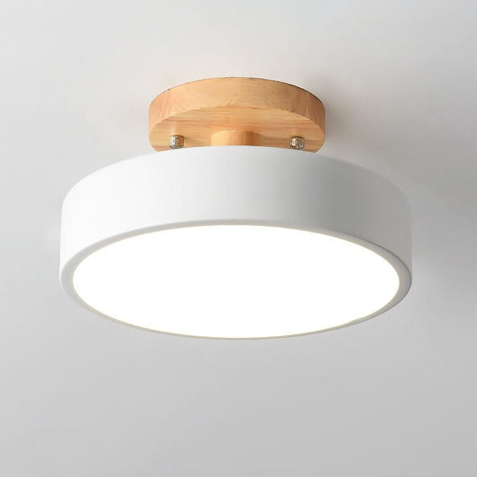 Nordic Round LED Semi-Flush Ceiling Light with Wooden Accent