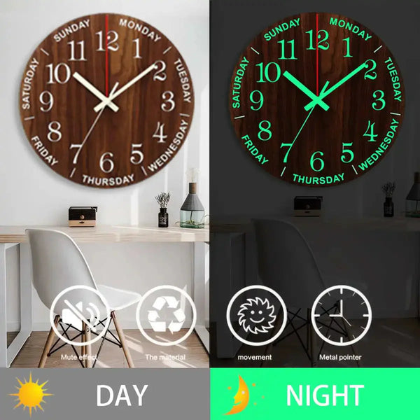 12-Inch Silent Luminous Wooden Wall Clock – Modern Nordic Design with Glow-in-the-Dark Numbers