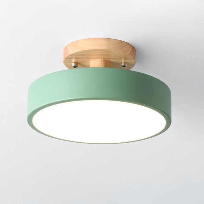 Nordic Round LED Semi-Flush Ceiling Light with Wooden Accent