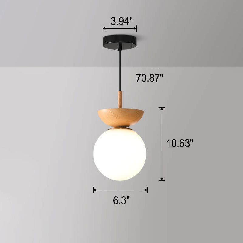 Nordic Japanese Glass Globe Ceiling Light with Wooden Grain Finish