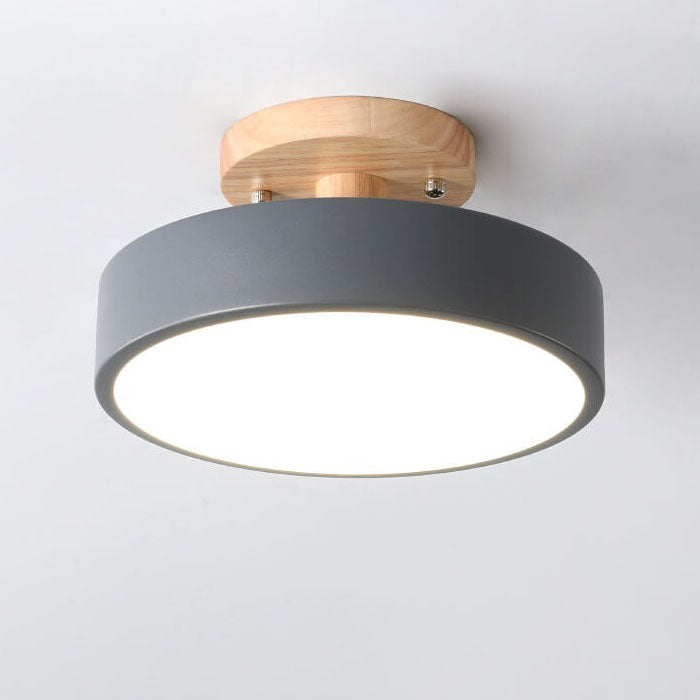 Nordic Round LED Semi-Flush Ceiling Light with Wooden Accent