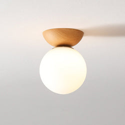 Nordic Japanese Glass Globe Ceiling Light with Wooden Grain Finish