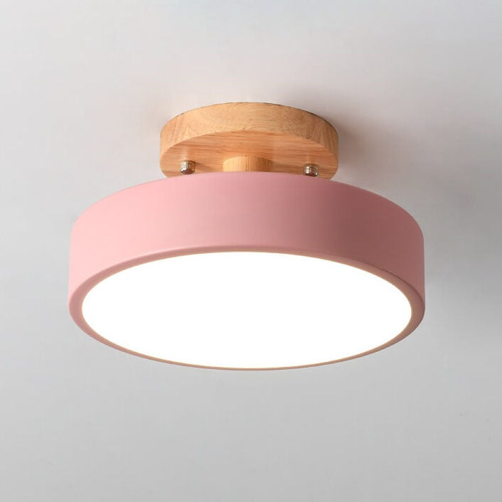 Nordic Round LED Semi-Flush Ceiling Light with Wooden Accent