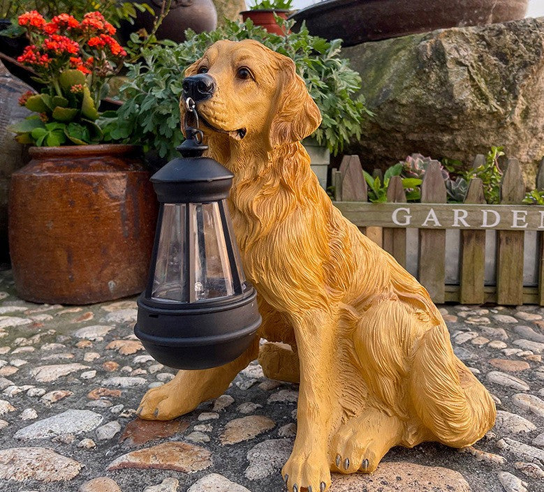 Solar-Powered Dog Statue with LED Lantern – Decorative Garden Lighting