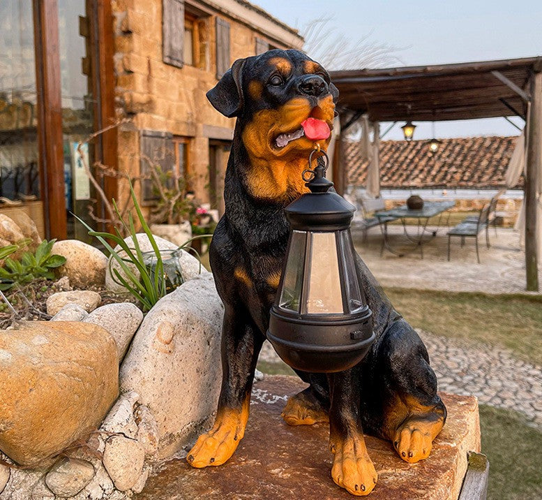 Solar-Powered Dog Statue with LED Lantern – Decorative Garden Lighting