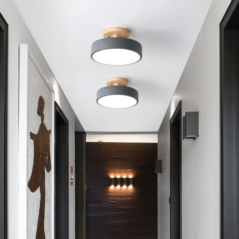 Nordic Round LED Semi-Flush Ceiling Light with Wooden Accent