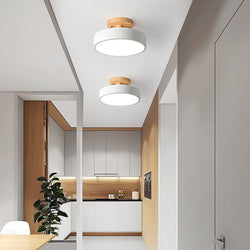 Nordic Round LED Semi-Flush Ceiling Light with Wooden Accent