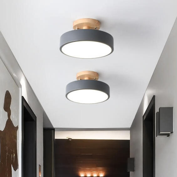 Nordic Round LED Semi-Flush Ceiling Light with Wooden Accent