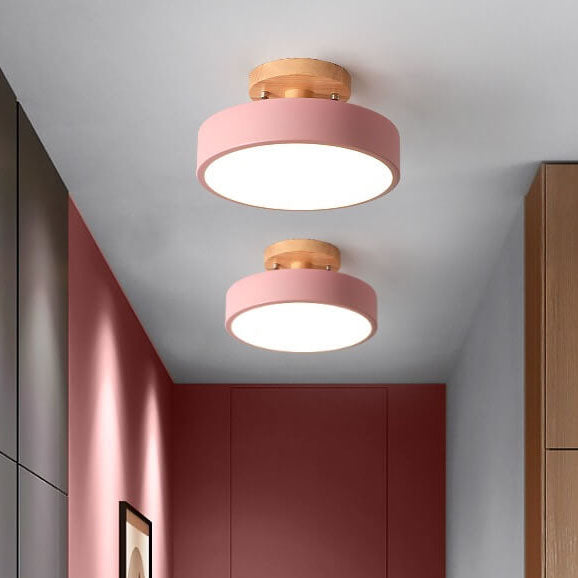 Nordic Round LED Semi-Flush Ceiling Light with Wooden Accent