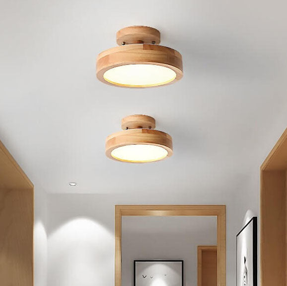 Nordic Round LED Semi-Flush Ceiling Light with Wooden Accent