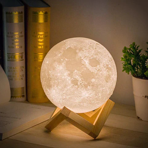 3D Moon Lamp – Rechargeable Touch-Control Lunar Light with Wooden Stand