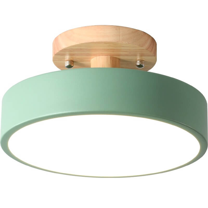 Nordic Round LED Semi-Flush Ceiling Light with Wooden Accent