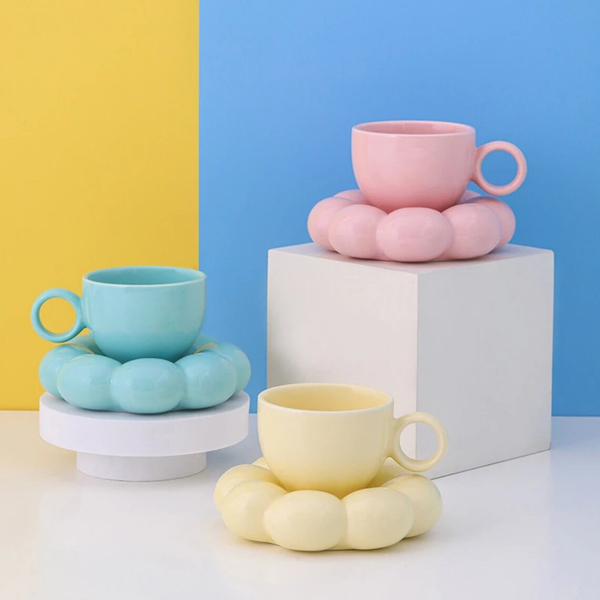 Pastel Bubble Mug with Saucer – Stylish Ceramic Coffee Cup for a Unique Experience