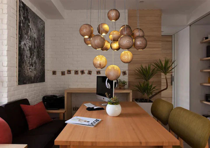 Modern Wooden Sphere Pendant Light – Elegant Lighting for Dining Rooms and Living Spaces