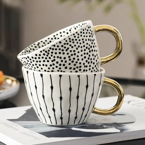 Luxurious Geometric Ceramic Mug with Gold Handle – Modern Coffee Cup for Everyday Elegance