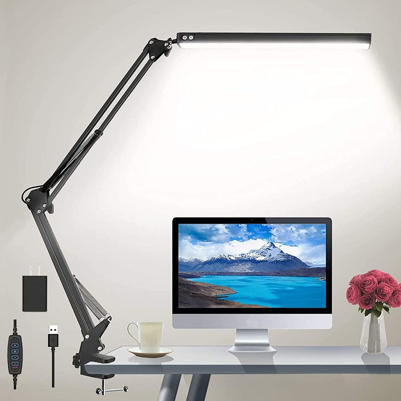 Adjustable LED Desk Lamp with Clamp – Eye-Friendly Swing Arm Lamp with 3 Colour Modes, 10 Brightness Levels & Memory Function