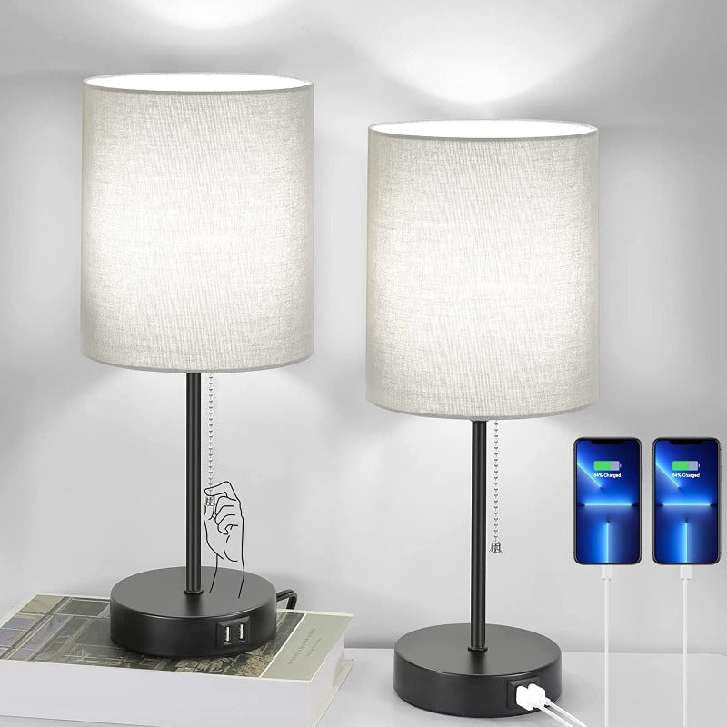 Set of 2 Table Lamps with USB Ports and AC Outlet – Modern Grey Fabric Lampshades with Pull Chain for Bedroom, Living Room & Office