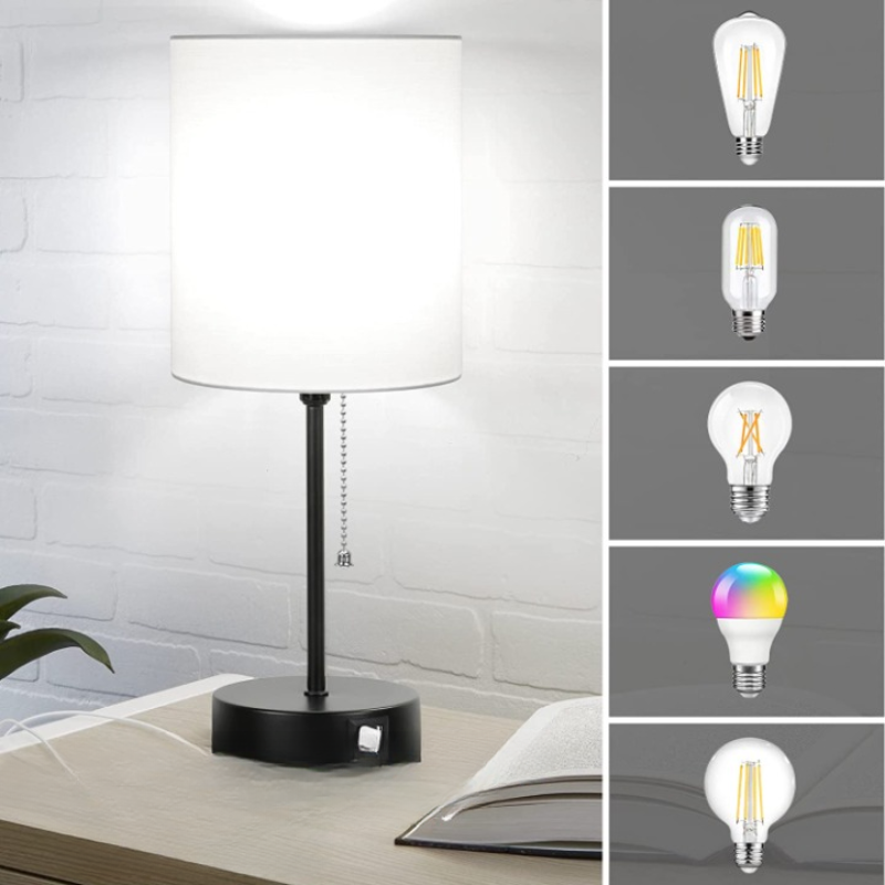 Set of 2 Table Lamps with USB Ports and AC Outlet – Modern Grey Fabric Lampshades with Pull Chain for Bedroom, Living Room & Office