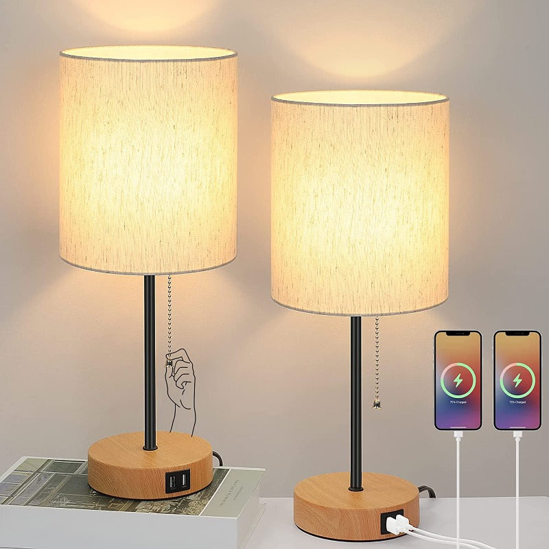 Set of 2 Table Lamps with USB Ports and AC Outlet – Modern Grey Fabric Lampshades with Pull Chain for Bedroom, Living Room & Office