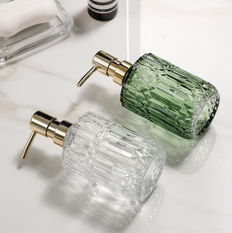 Elegant Glass Soap Dispenser with Diamond Pattern – Stylish Home Accessory