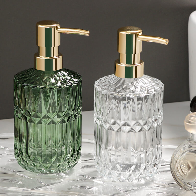 Elegant Glass Soap Dispenser with Diamond Pattern – Stylish Home Accessory