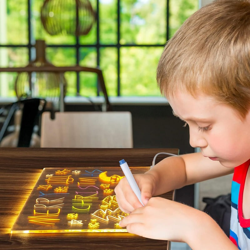 LED Glow Drawing and Message Board for Kids – Colourful Light-Up Writing Pad with Adjustable Stand and Reusable Markers