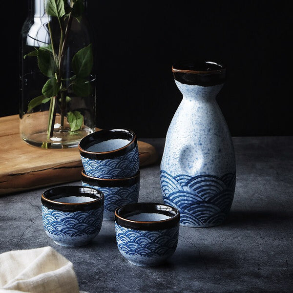 Traditional Japanese Ceramic Sake Set – 5-Piece Elegant Blue Wave Design for Home and Entertaining