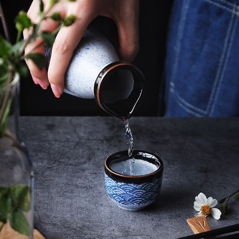 Traditional Japanese Ceramic Sake Set – 5-Piece Elegant Blue Wave Design for Home and Entertaining