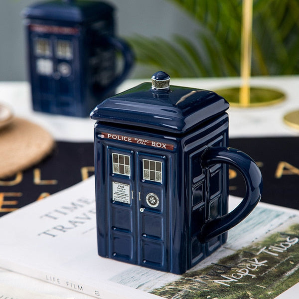 Police Box Ceramic Mug – Fun Coffee & Tea Cup with Spoon, Perfect Gift for Sci-Fi Fans