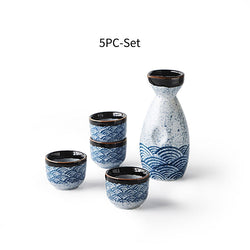 Traditional Japanese Ceramic Sake Set – 5-Piece Elegant Blue Wave Design for Home and Entertaining