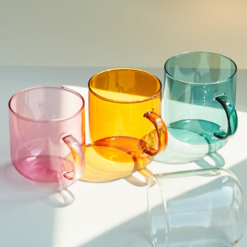 Heat-Resistant Coloured Glass Mug with Handle – Modern Nordic Design for Coffee, Milk, and Breakfast Beverages