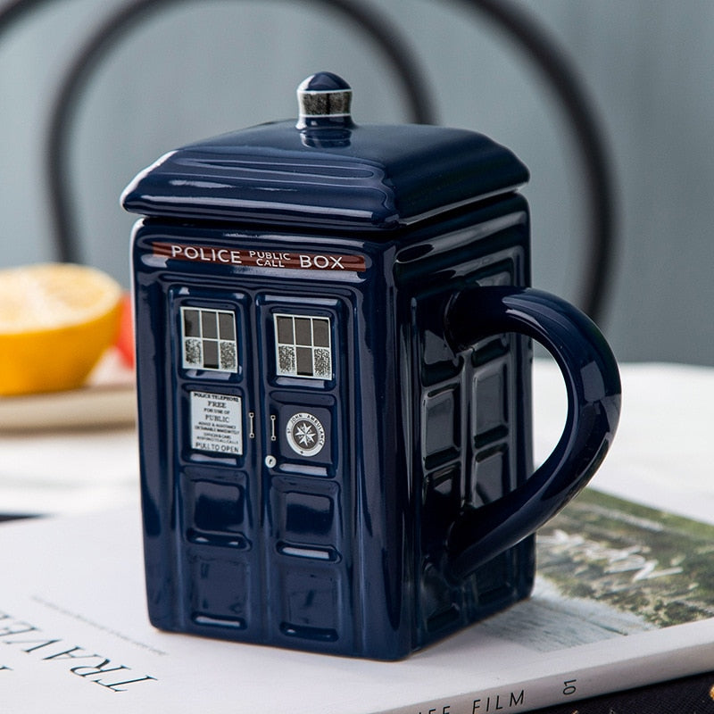 Police Box Ceramic Mug – Fun Coffee & Tea Cup with Spoon, Perfect Gift for Sci-Fi Fans