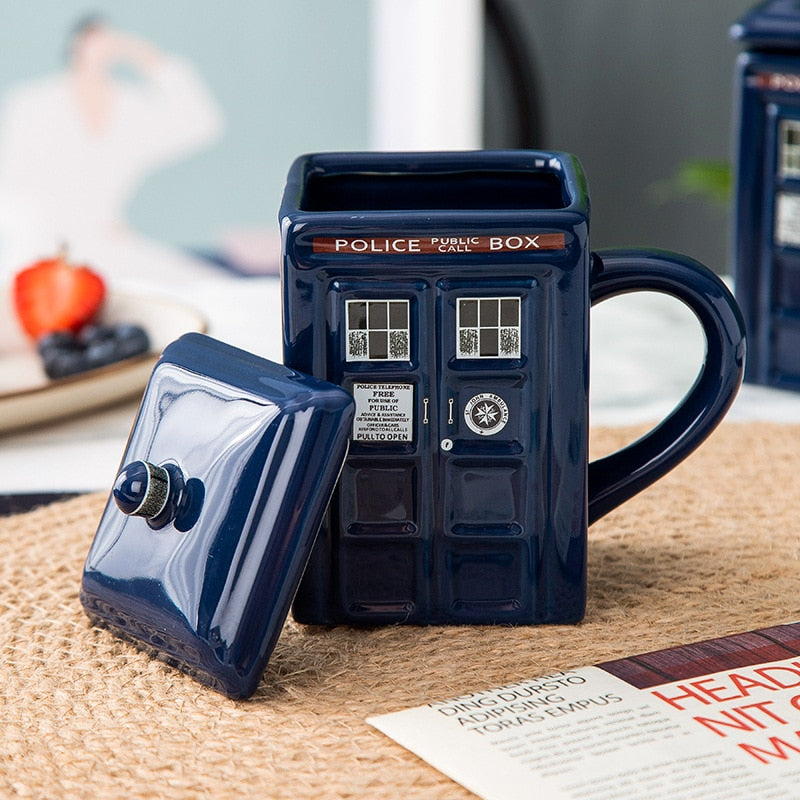 Police Box Ceramic Mug – Fun Coffee & Tea Cup with Spoon, Perfect Gift for Sci-Fi Fans