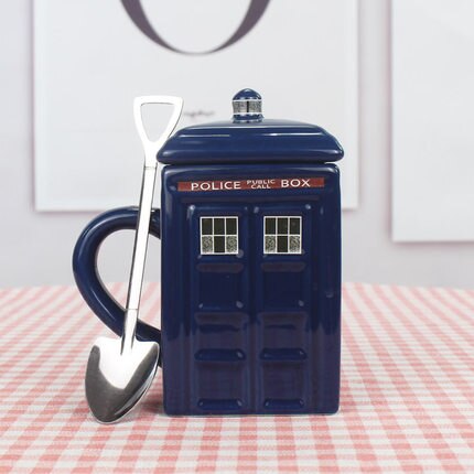 Police Box Ceramic Mug – Fun Coffee & Tea Cup with Spoon, Perfect Gift for Sci-Fi Fans