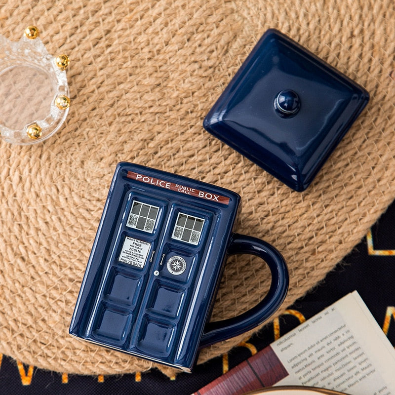 Police Box Ceramic Mug – Fun Coffee & Tea Cup with Spoon, Perfect Gift for Sci-Fi Fans