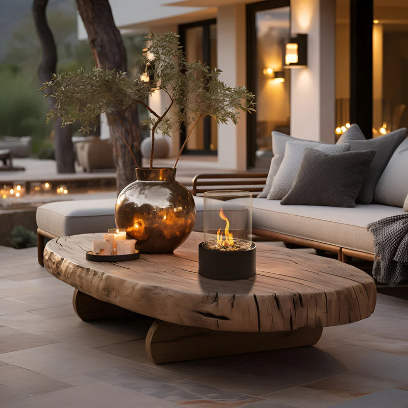 Stylish Tabletop Firepit with Black Metal Base and Glass Body